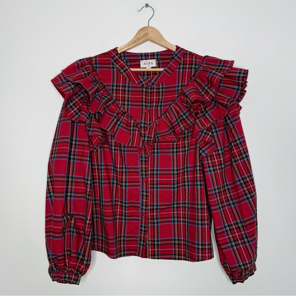 Aura Dramatic Ruffle Tartan Plaid Checkered Blouse in red size large - Picture 2 of 8
